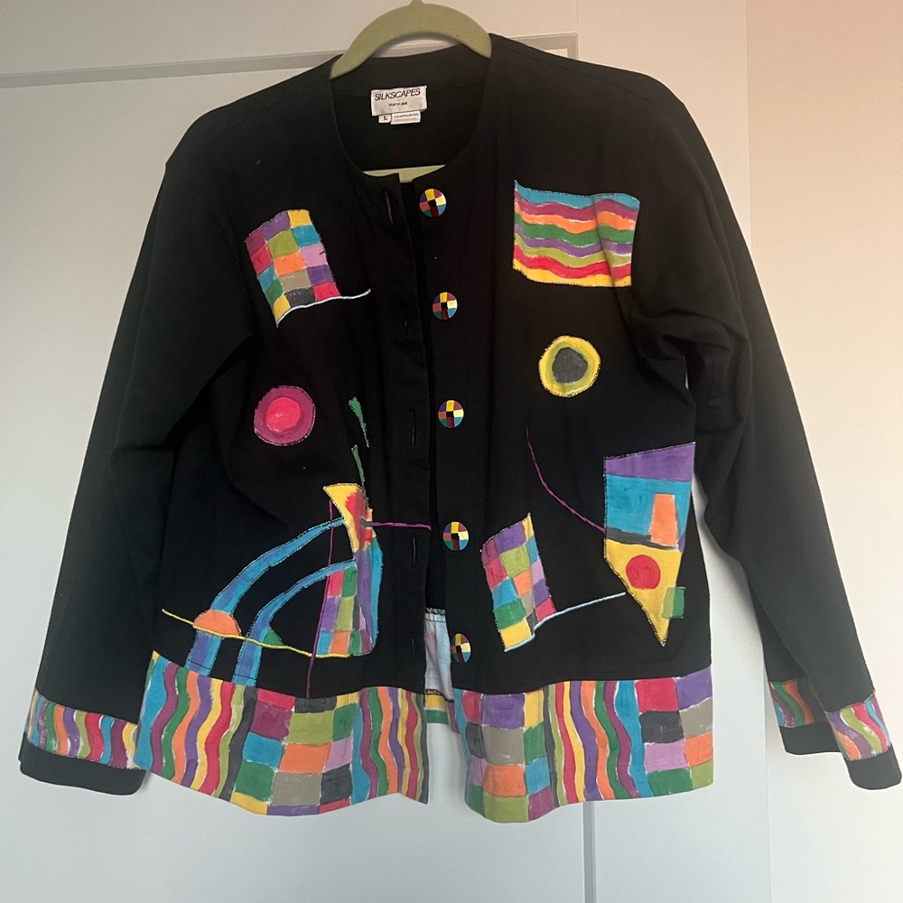 Vintage Hand Painted 100% Cotton Black Multicolor Women's Jacket